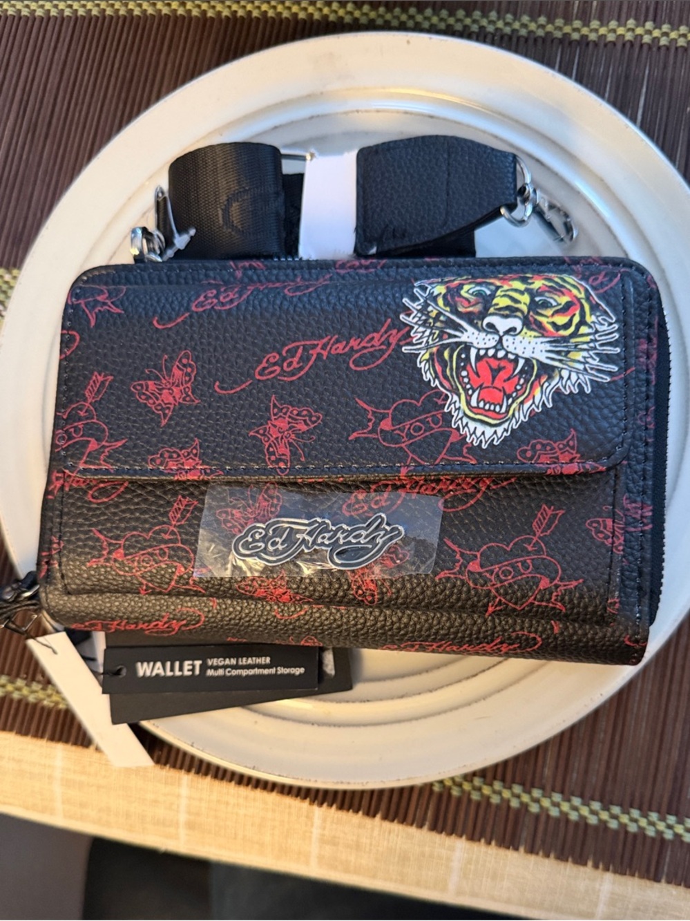Ed Hardy Black Wallet with Red Graphic Print and Multicolor Tiger Patch